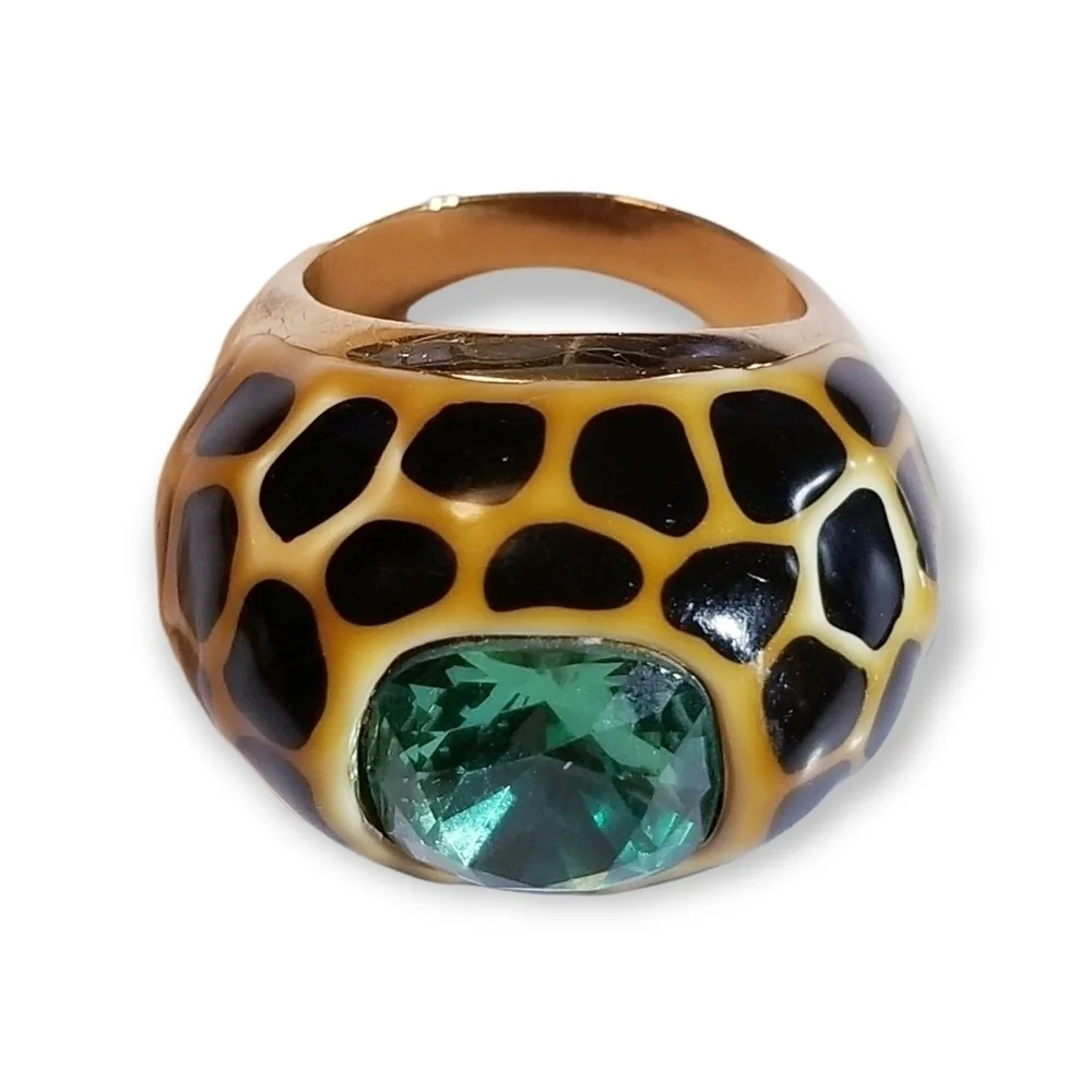 KJL KENNETH JAY LANE Gold Black Enamel Dome Cocktail Crystal Contemporary Ring